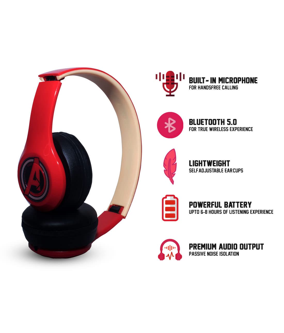 Macmerise Marvel Comics Avengers Wireless On Ear Headphones with 10 Hours Battery Music Controls Passive Noise Isolation Aux Cable Connectivity Mic Noise Cancellation & Hands Free Calling 4