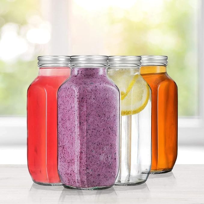 SHREE KASHTBHANJAN INTERNATIONAL Glass French Square Bottle Jar with Steel Lid, Perfect for Home, Travel, Juicing, Water - Reusable Travel Glass Drinking Fridge Bottles - 500ml - [Set Of 2]