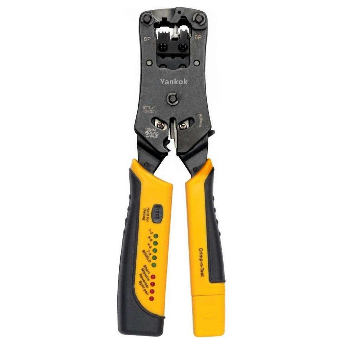 Yankok [HT-376 Modular Plug Crimper] Crimps RJ45 8P8C RJ12 RJ11 6P6C/4C/2C, RJ10 and RJ9 4P4C/2C Connectors, Strip Cut and Test Ethernet Cables w/Cable Tester 1