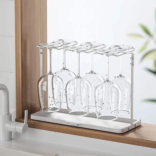 ARHAT ORGANIZERS Wine Glass Holder with Drain Tray | Countertop Stemware Rack with Water Tray | Hanging Wine Glass Stand & Tabletop Organizer | Under Shelf Hanging Storage Rack for Home Bar & Kitchen 5