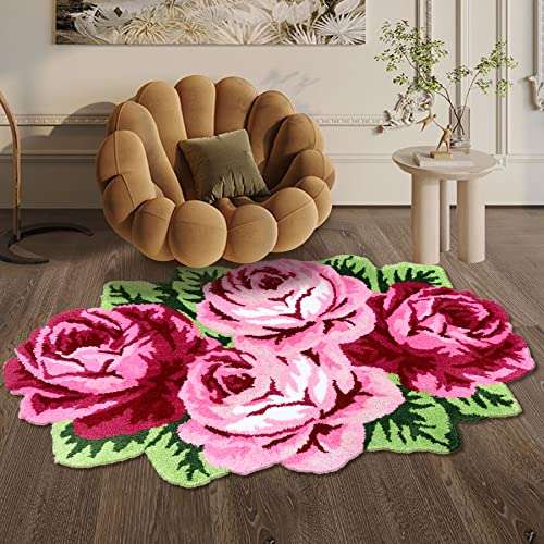 ABREEZE Rose Rug Pink Handmade Bathmat Floral Rug Girls Bedroom Rugs Washable Non-Slip Carpets Shaggy Bathroom Mat Machine Washable Living Room Area Rug, Non Slip Bath Mat, Luxury Bathroom Floor Mats 2