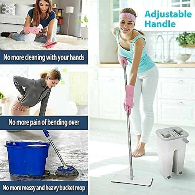 Kinjal Max Flat Mops with Bucket with 360° Floor Cleaning/UPC Upgraded Hands-Free Microfiber Squeeze Pocha/Flat Spin Mop System 360° Flexible Head Mop with 1 Super-Absorbent Microfiber Pads 3
