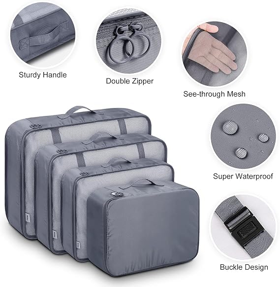 AVENUX 7pcs Set Travel Organizer Packing Cubes Lightweight Travel Luggage Organizers with Laundry Bag or Toiletry Bag Laundry Organiser (Grey, 7 PCS) 3