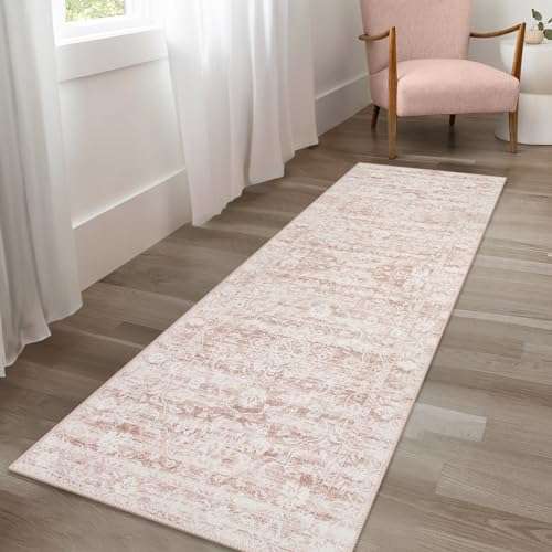 Uphome Boho Runner Rug 2x6, Washable Pink Cute Kitchen Runner Rug, Vintage Soft Non-Slip Bathroom Rugs, Oriental Distressed Tribal Floral Throw Carpet for Hallway Bedroom Entryway 2