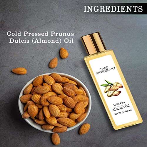 Sage Apothecary Pure Cold Pressed Sweet Almond Oil for Hair and Skin, Vitamin E Nourishment | Non-Sticky Hair Oil For Hair Fall Control100ml 4