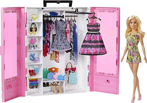 Barbie Fashionistas Doll & Ultimate Closet Playset with Clothes & 12 Accessories, Blonde Fashion Doll & Pink Closet Toy with Storage, Fold-Out Rack & Carrying Handle 1
