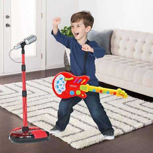 Dimple Kids Handheld Musical Electronic Toy Guitar for Children Plays Music, Rock, Drum & Electric Sounds Best Toy & Gift for Girls & Boys (Red) (Single) 4