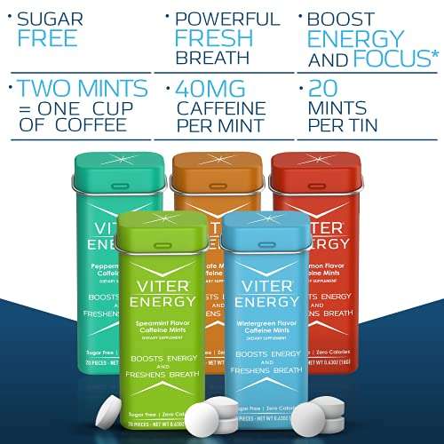 Viter Energy 40mg Caffeine Mints - Sugar Free, B Vitamins, Vegan, Boosts Fast Energized Alert Focus, Caffeinated Nootropic Supplement Pills (Variety Flavors, 20pcs, 5 Pack, 100pcs Total) 3