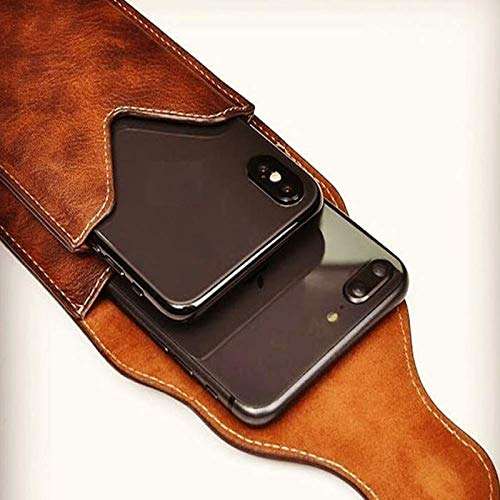 ConnectPoint Brown Texture 2 Pocket Pouch Waist Holster Pouch Genuine Leather Holster Double Mobile Pouch Belt Clip Cases Waist Bag Pack Compatible for LG G8X ThinQ 3