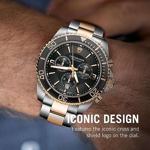 Victorinox Maverick Chronograph Watch - Premium Swiss Watch for Men - Stainless Steel Analog Wristwatch - Great Gift for Birthday, Holiday & More - Two-Tone Dial, Two-Tone Stainless Steel Bracelet 5
