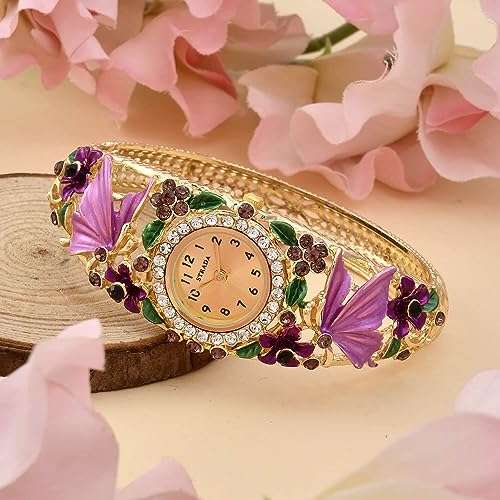 Shop LC Pink Butterfly Watches for Women Strada Crystal Japanese Movement Water Bangle Watch in Gold Plated with Stainless Steel Back Wrist Jewelry Fashion Analog Digital Classic Timer Birthday Gifts 2