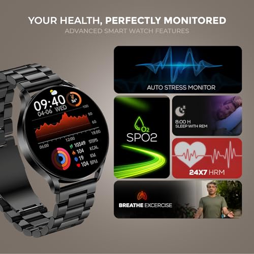 PunnkFunnk Metal Chain Active 2 Max Bluetooth Calling Smartwatch 1.3" Amoled Display 360 * 360 High Resolution 4.2 BT with, 100+ Sports Mode with IP68, Sp02 Tracking, AI Voice Assistant(Black) 6