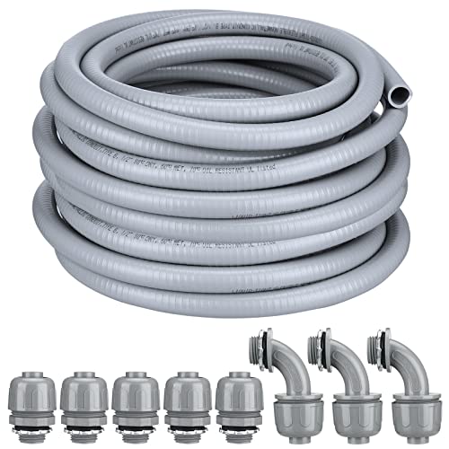 Electrical Conduit and Connector Kit Flexible Liquid Tight Electrical Conduit Non Metallic Electrical Conduit with 5 Straight and 3 Angle Fittings Included (1/2 Inch 50 Ft) 1