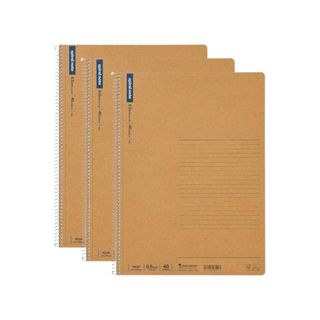 Maruman Spiral Note BASIC (A4), Ring Binding, 40 Sheets / 80 Pages, 6.5mm ruled, (N235), MADE IN JAPAN. (Pack of 3) 1