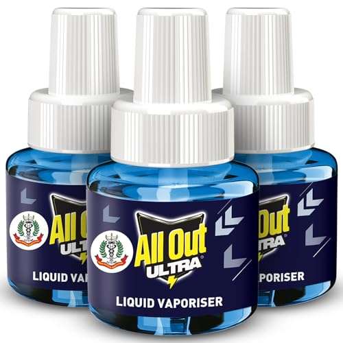 All Out Ultra Liquid Vaporizer, 3 Refills (45ml each) | Kills Dengue, Malaria & Chikungunya Spreading Mosquitoes| India's Only Mosquito Killer Brand Recommended by Indian Medical Association 1
