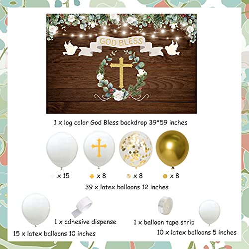 Funmemoir Baptism Party Decorations White And Gold First Holy Communion Decorations For Boys Girls Balloon Garland Kit With Rustic Wood Backdrop, God Bless Christening Decorations For Party 2