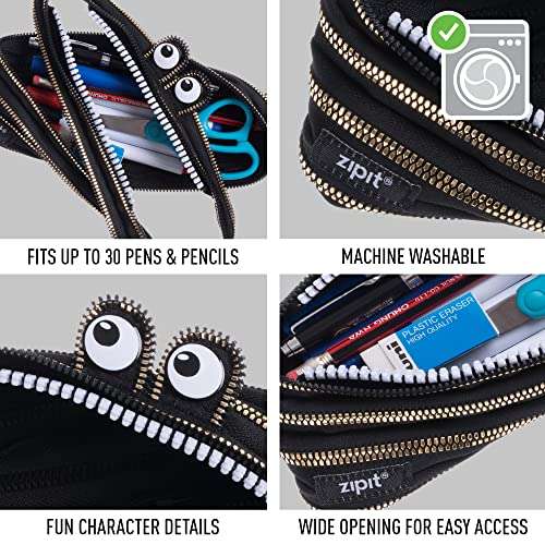 ZIPIT Monster Pencil Case for Kids, Cute Zipper Pouch for Boys Girls and Teens, Stationery Bag for School,Black & Gold 3