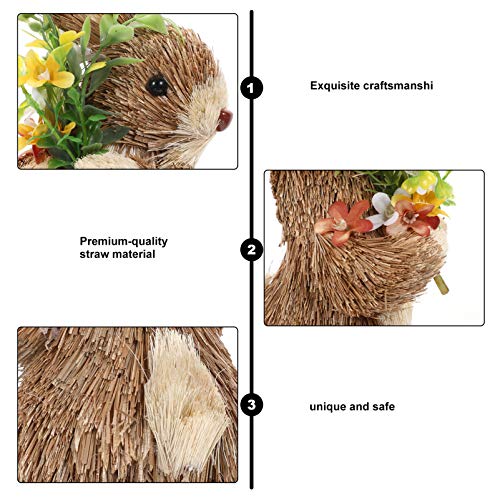 NUOBESTY Standing Bunny Figurine Straw Woven Easter Rabbit Holding Flower Doll Desktop Artificial Animal Model Sculpture Statue for Easter Day Garden Desktop Ornament 5
