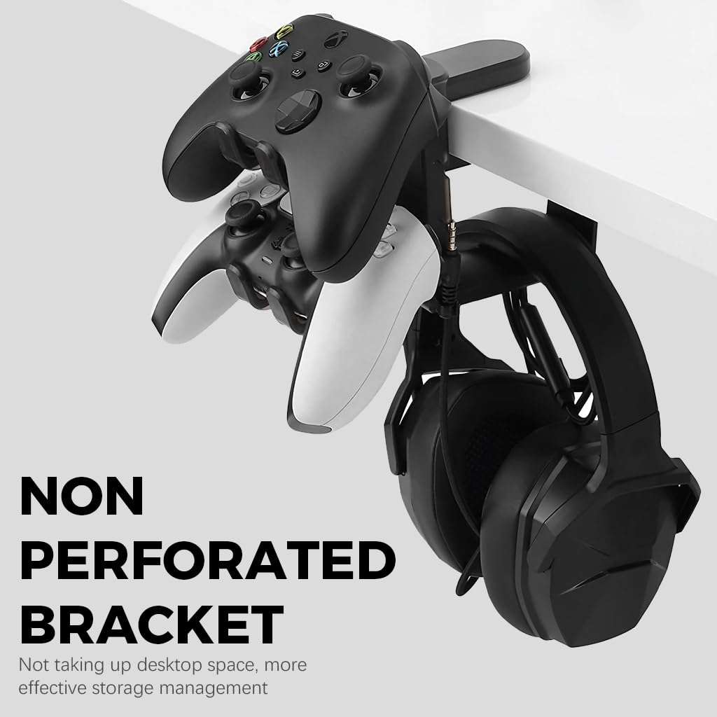ZORBES® 3-in-1 PC Gaming Headset&Controller Holder, Headphone Stand with Adjustable Clamp&2 Controller Holder&Rotating Arm&Cable Organizer, 360 Degree Rotatable PC Gaming Accessory Headset Holder 4