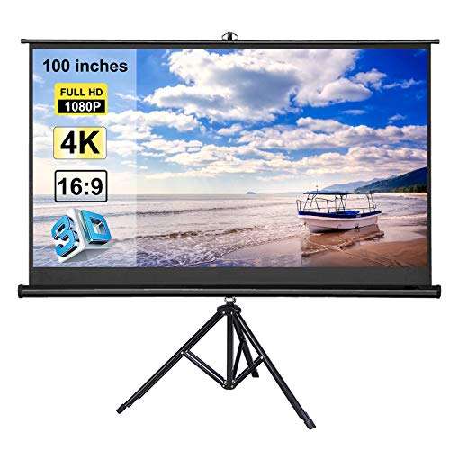Honeytecs 100 inches Projector with Tod Stand 16:9 Portable Projection 4K 3D Projector Movies for Home Office Indoor Outdoor Use 4