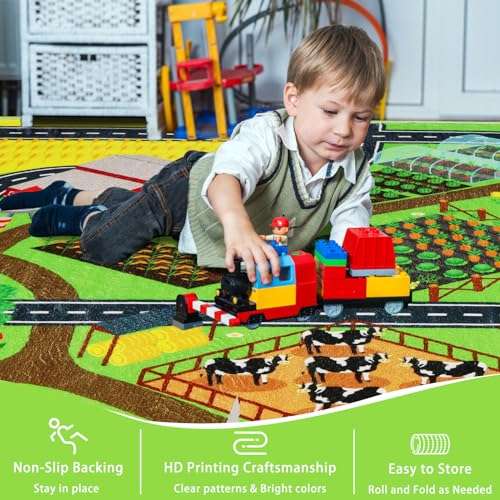 Mfmiudole Kids Rug Play Rug for Toy Cars, 39.4"×59" Farm Life Road Traffic for Playroom Kid Car Road Mat Village Map Play Mat Non-Slip Washable Carpet for Toddler Boy Family Tummy Time Playtime 6