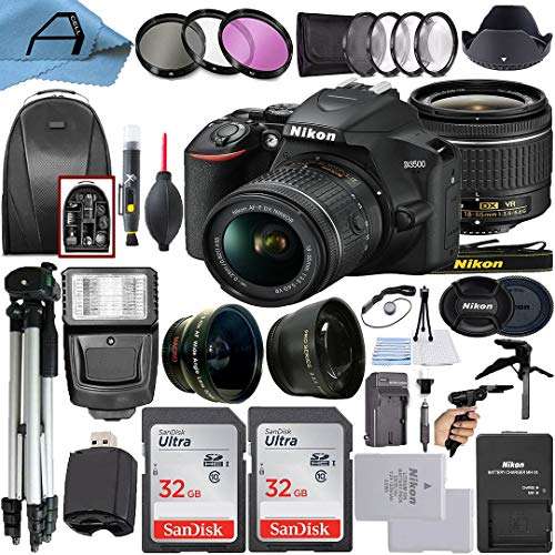 Nikon D3500 DSLR Camera 24.2MP Sensor with NIKKOR 18-55mm f/3.5-5.6G VR Lens, 2 Pack SanDisk 32GB Memory Card, Backpack, Tripod, Slave Flash Light and A-Cell Accessory Bundle (Black) 1