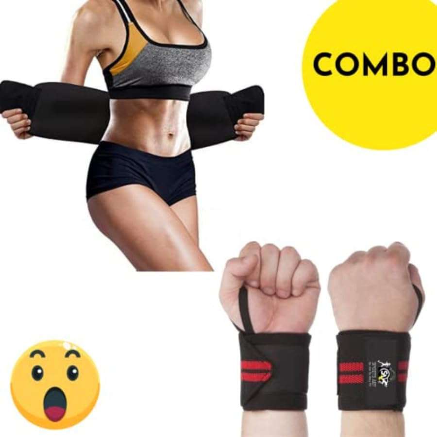 Sonajuri Arts Sweat Slim Belt & Wrist Support Band Combo Abs Exercise Equipment for Home Gym Core Abdominal Fitness Gym Accessories for Men & Women Black 3