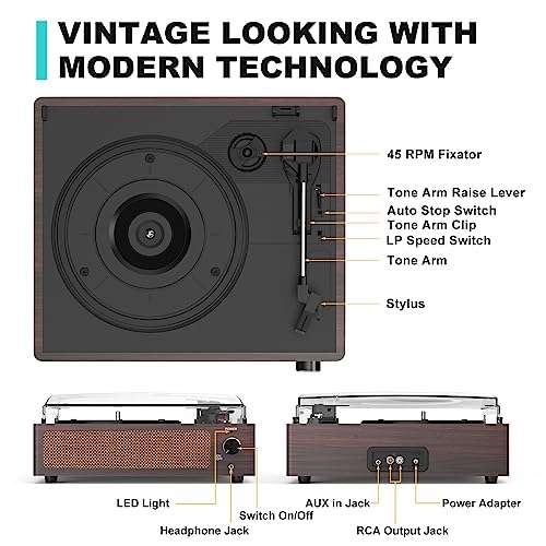 WOCKODER Vinyl Record Players Turntable with Built-in Two Speakers Belt-Driven All-in-one Retro Turn tables 3 Speed 3 Size LP Phonograph BT Wireless Bluetooth Receiver Headphone AUX-in RCA Vintage Red 2