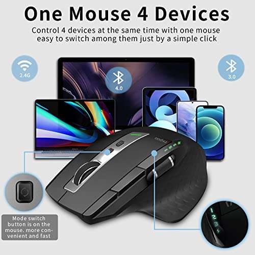 Rapoo Bluetooth Wireless Mouse, 4 Adjustable DPI Rechargeable, Multi-Device (3 Bluetooth+USB) Programmable Ergonomic Mouse with Side Roller, Laser Mouse for Laptop Desktop PC 2