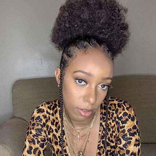 DQ Hair Short Afro Curly Synthetic Puff for Women, High Temperature Heat Resistant Ponytail with Drawstring and 2 Combs Brown Color Natural Real Looking (#4,Black Base) 5