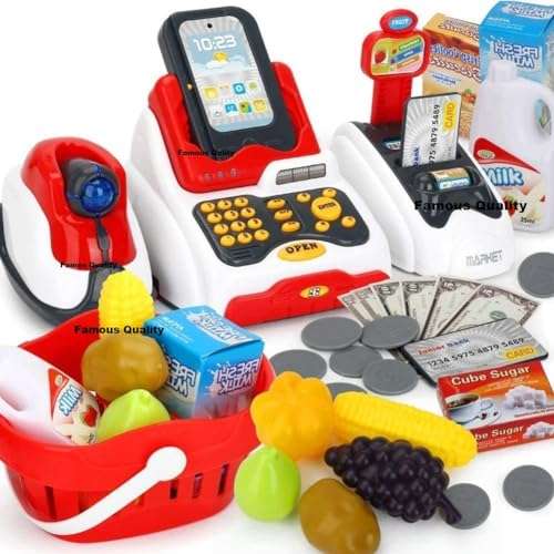 Famous Quality Toy Cash Register for Kids with Checkout Scanner, and Food Shopping Play Money and Food Shopping Play Set (Pack of 1 Set) 1