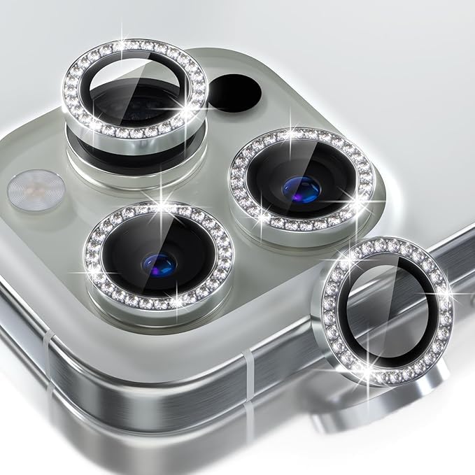 STP FEEL® Diamond Camera Ring Protector Compatible for iPhone 16 Pro 5G / 16 Pro Max 5G Full Coverage Metal HD+ Tempered Glass Camera Protector Ring Anti-Scratch Dust-proof Case Friendly - Silver