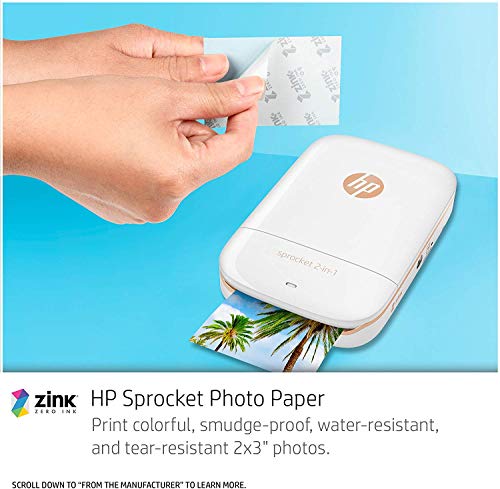 HP Sprocket 2-in-1 Portable Photo Printer & Instant Camera, print social media photos on 2x3" sticky-backed paper (2FB96A), 2:1 White, 4.8 x 3 x 1.1 5