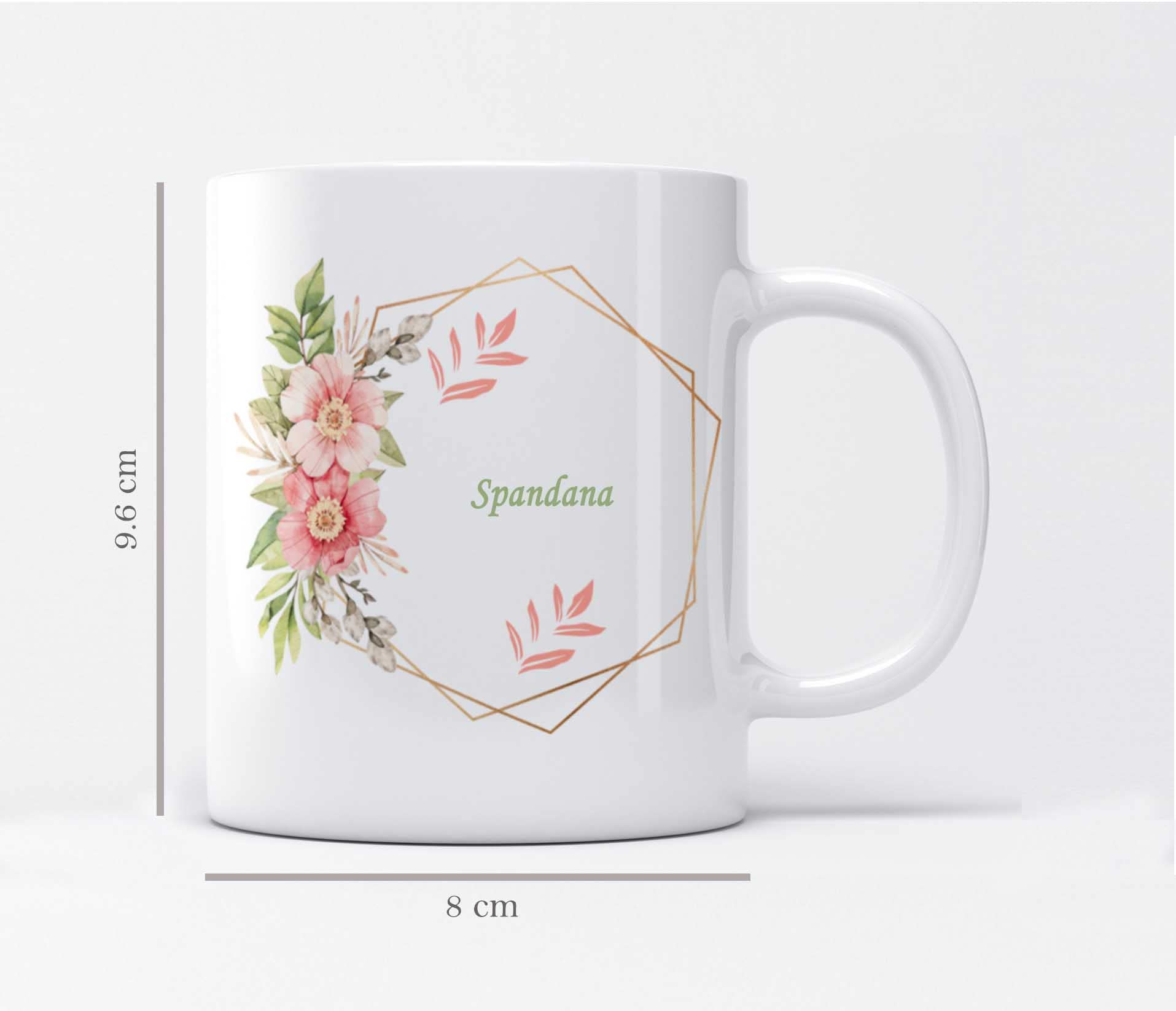 LOROFY Name Spandana Printed Green & Pink Beautiful Floral Design White Ceramic Coffee Mug (350ML) 3