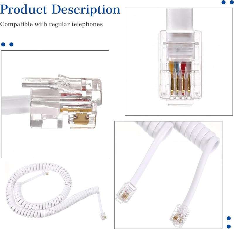 FEDUS Telephone Phone Handset Cable Cord, 12Ft Uncoiled / 2Ft Coiled, Landline Phone 4P4CPure-Copper Coiled Curly Cord Male to Male RJ9/RJ10 Cable, Telephone Accessory, Pack 2 3