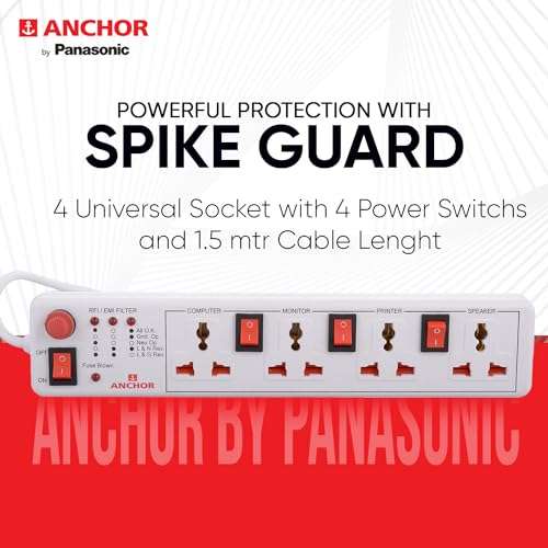 Anchor by Panasonic 4 way 6A Universal Socket with 3 Switch & 1 Master Switch | 4 Way Extension Board with 1.5 Mtr Extension Cord | Multi Plug Socket for Home Wall, Office (22568) 6