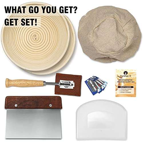Farielyn-X 2 Packs 9 Inch Bread Banneton Proofing Basket - Baking Dough Bowl Gifts for Bakers Proving Baskets for Sourdough Lame Bread Slashing Scraper Tool Starter Jar Proofing Box 4