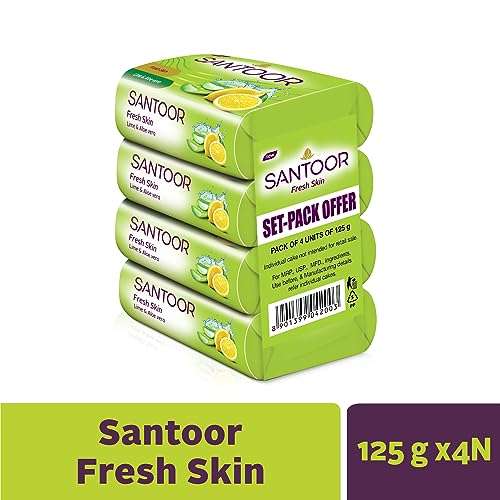 Santoor Fresh Skin Aloe Vera & Lime Bathing Soap with Nourishing & Anti-Aging Properties| For Smooth & Soft and Younger-Looking Skin| For All Skin Types| 125g, Pack of 4 2