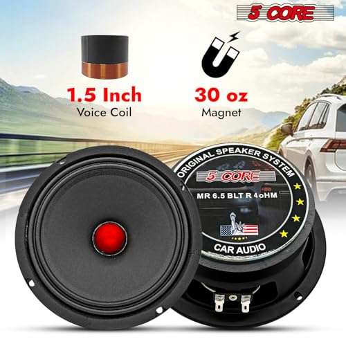 5 CORE 6.5 Inch Subwoofer Speaker 360W Mid Range Car Sub Woofer Speakers w Red Aluminum Bullet 4 Ohm Deep Bass Replacement Subwoofers for Auto Vehicle Truck - MR 6.5 BLT R 4oHM 5