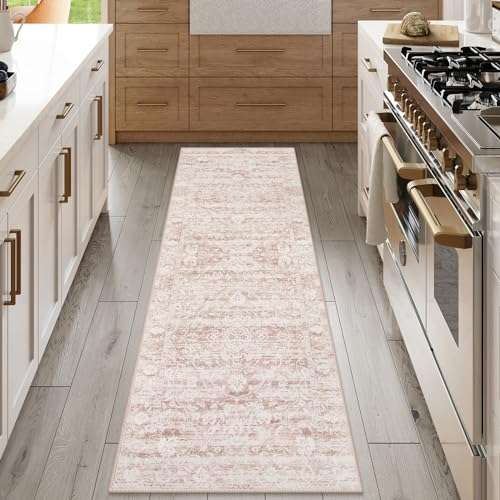Uphome Boho Runner Rug 2x6, Washable Pink Cute Kitchen Runner Rug, Vintage Soft Non-Slip Bathroom Rugs, Oriental Distressed Tribal Floral Throw Carpet for Hallway Bedroom Entryway 6