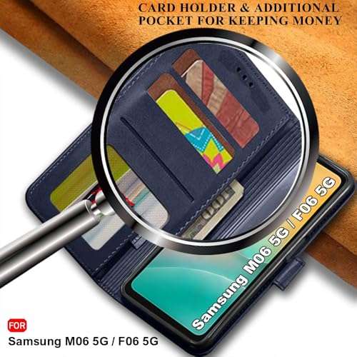 TheGiftKart Flip Cover Back Case for Samsung Galaxy M06 5G / F06 5G | Genuine Leather Finish | Designer Button | Inbuilt Pockets & Stand | Flip Cover for Samsung M06 5G / F06 5G (Faux Leather, Blue) 6
