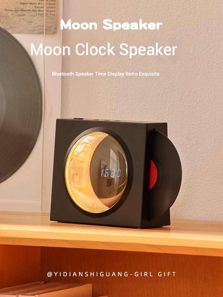 WUKBTY Gift for Birthday Christmas Valentine’s Day Portable Wireless Speaker with Moon Phase Clock, Vinyl Record Player (Black) 6