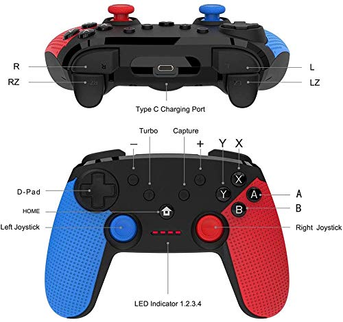 DigitCont Switch Pro Controller compatible with Switch Wireless Pro Switch Controller 6-axis Turbo Function Adjustable Dual Vibration motor Multi-function Joystick for Switch Black Red Blue 6