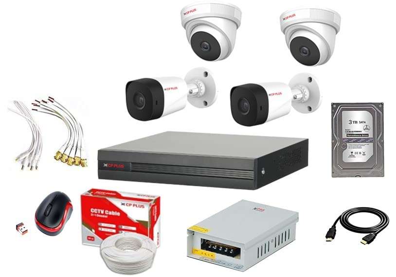 CP PLUS 5MP,Camera with Audio Video Recording, 4 Camera Combo Kit with 4Ch DVR,2Dome 2Bullet Cameras, 3TB HDD, Power Supply, 90Mtr Cable,HDMI 3mtr, W/L Mouse and Connectors (Camera has Built-in mic) 1
