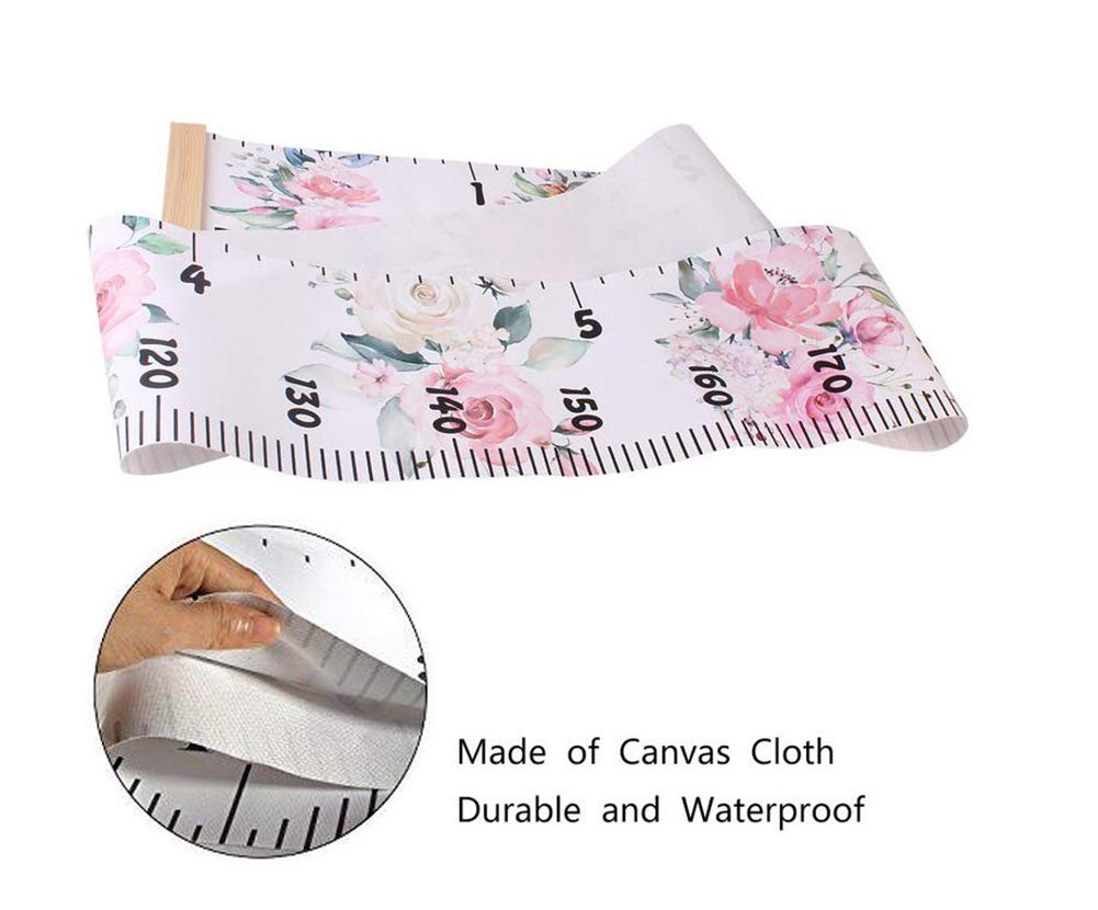 XINGZI Kids Baby Growth Chart Ruler 8 x 79 inch Wood Frame Height Measure Chart Canvas Pink Flower Hanging Removable Wall Ruler Wall Decor Nursery Decoration for Kids Girls Boys Toddlers Gift 6