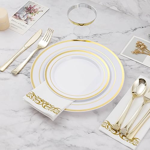 BESTVIP 175 PCS Gold Dinnerware Set for 25 Guests, Plastic Dinnerware Set for Party, Wedding, Christmas, Halloween, Include: 50 Plastic Plates, 25 Gold Silverware, 25 Cups, 25 Paper Napkins 5