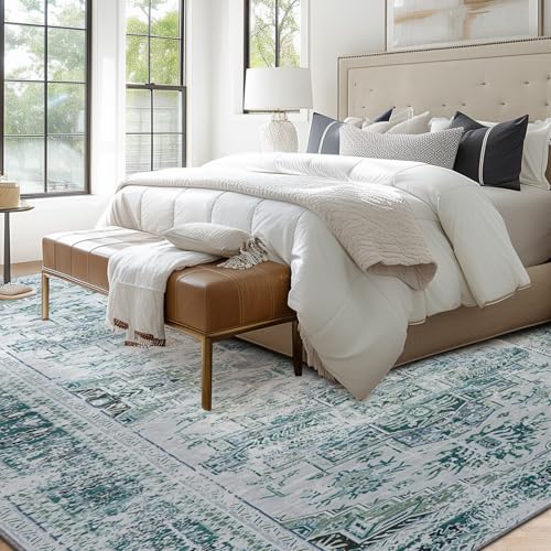 TQONEP Boho Area Rug 5 x7, Washable Rug with Non-Slip Backing, Boho Rugs Vintage for Living Room, Bedroom,Dining Room,Kitchen,Office, Stain Resistant Large Area Rug (Gray/White, 5' x 7') 6
