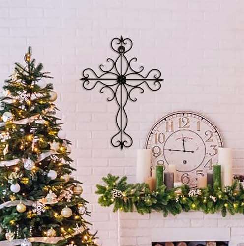 RELY+ Black Matte Wall Cross 14x10 Inch Living Room Décor Outdoor Crucifix Rustic Wall Decor Metal Wall Art Decorative Hanging Iron Wrought Wall Décor crosses for Indoor Home Halloween Decorations 6