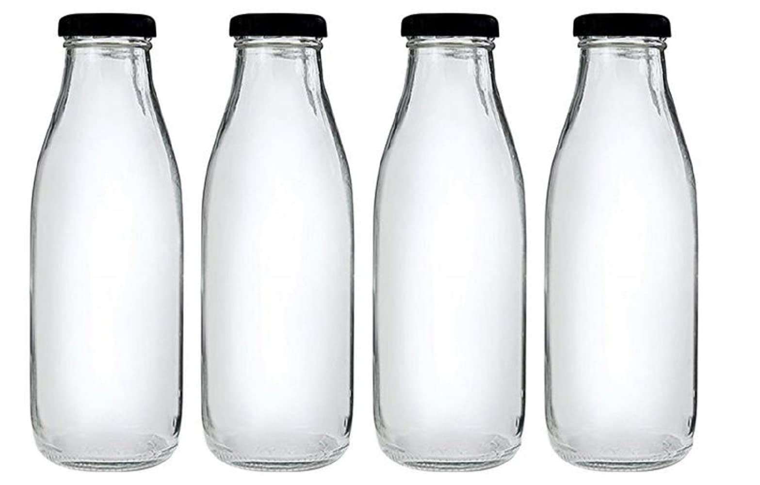 RTWARE Water Milk and Juice Glass Bottle 500ml Round Set of 4 with Air Tight Black Cap Best to use in Kitchen, Home, Office for Storage. (500ML Set of 4) 1