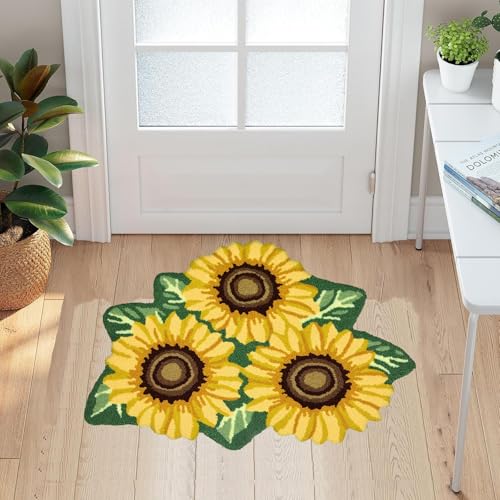 USTIDE Sunflower Rug for Kitchen Handmade Rug Yellow Flower Floor Mat Modern Rustic Carpet Washable Non-Slip Bathroom Mat for Bedroom/Foyer 3x2 1